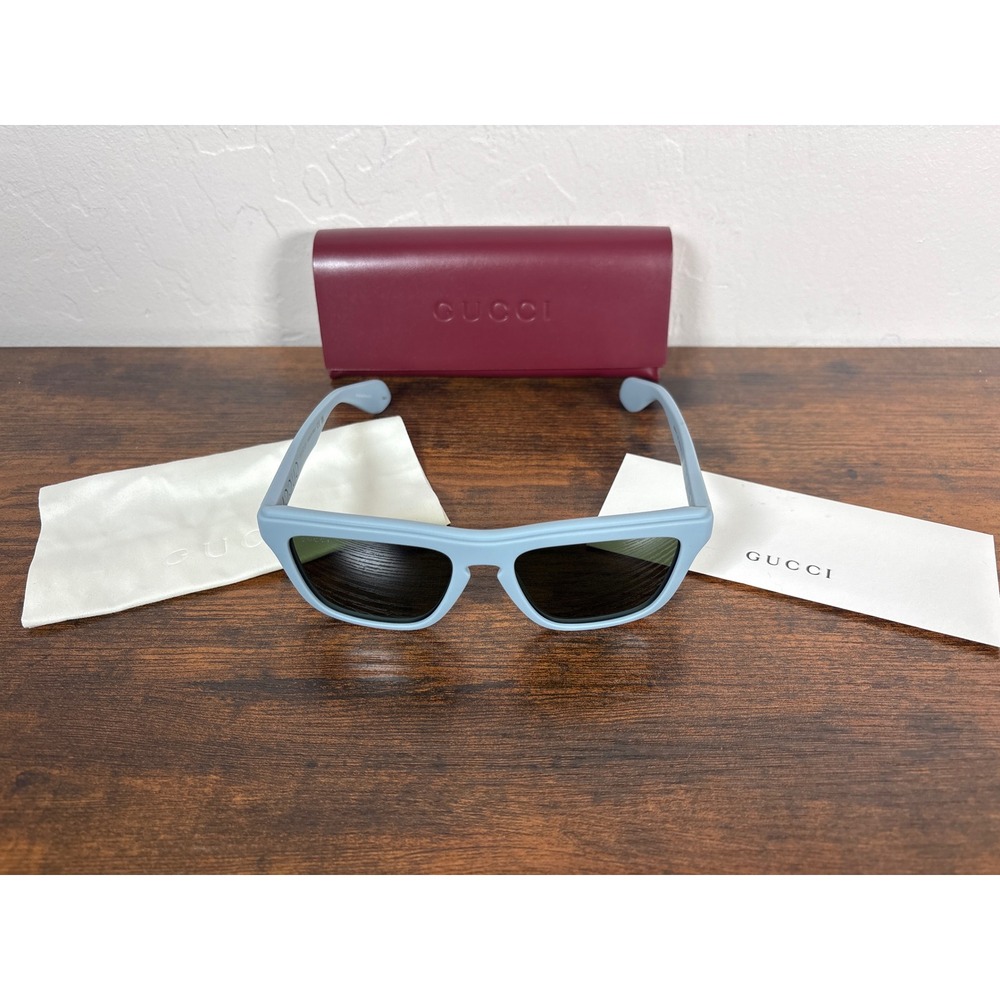 Gucci Rectangular Matte Light Blue Sunglasses GG0008S Dark Grey Lens Italy Case